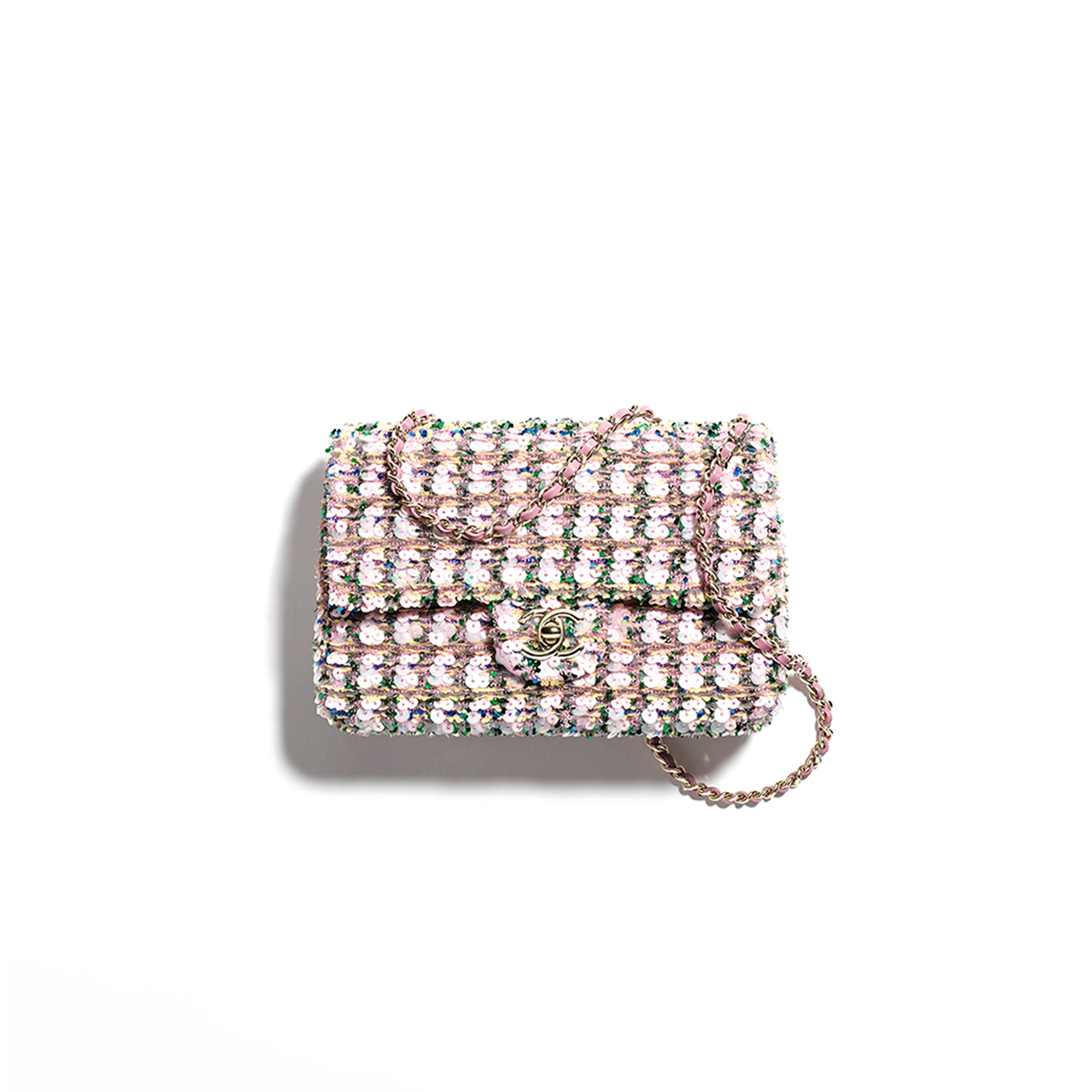 CHANEL MASTER FLAP BAG SEQUINS & GOLD-TONE METAL LIGHT PINK, GREEN & YELLOW AS4561 (21*14*8cm)